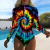 Women Long Sleeve One Piece Swimsuit Zip Front  Spiral Tie Dye Print Rash Guard Surfing Bathing Suit