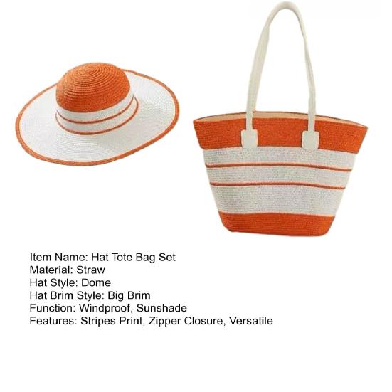 2Pcs/Set Hat Tote Bag Set Striped Print Wide Brim Straw Hat Handmade