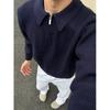 Men's Korean Style Navy Blue Half-Zip Polo Sweater with Turn-Down Collar for Spring and Autumn