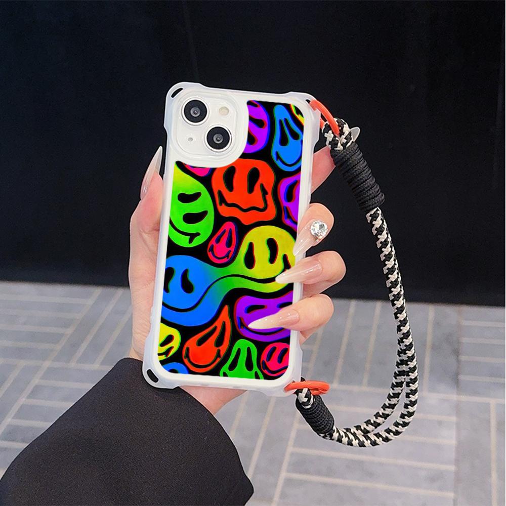 Ae88 Lovely Smiley Art Soft Phone Cases for iPhone 16 15 14 13 12 11 Pro Max XR with Wrist Strap Lanyard Corner Protection Back Cover