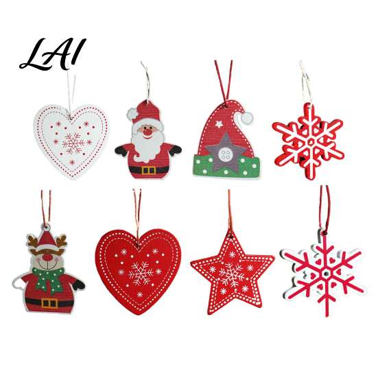 Classic Red White Decorations Christmas Tree Wooden Pendant Vintage Cartoon Ornament with Lanyards Heart Star Shaped Pendants Lightweight