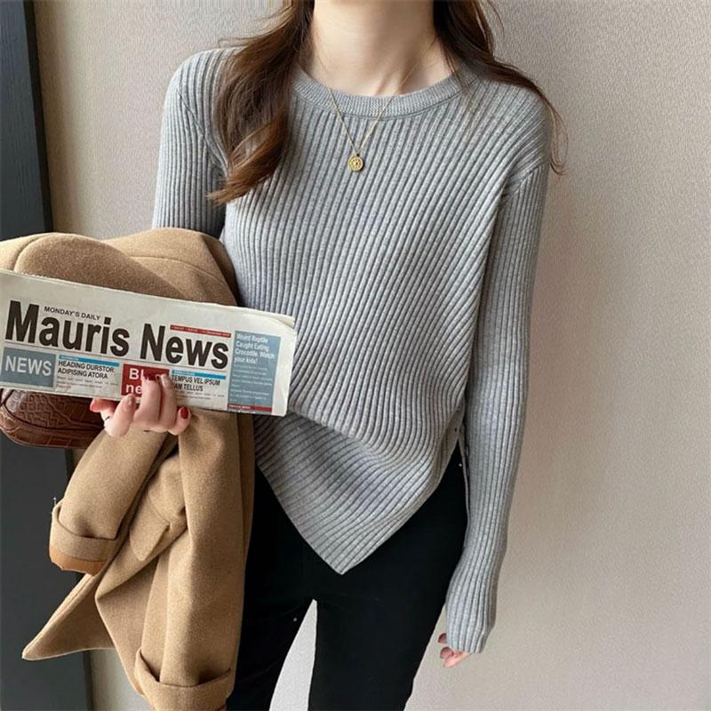 Móda Jednobarevné Pulovry Slim Fit Pletený svetr Ženy Dlouhý rukáv S výstřihem do O Ležérní Zimní Dámské Svetry Elegantní Knoflíky Dámské Svetry Pletené 25614