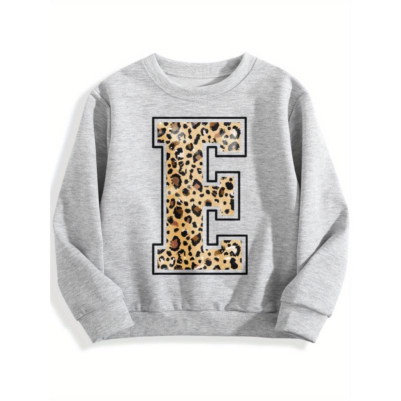 Kids Crewneck Sweatshirt, Black Floral Print with Leopard Letter E Graphic