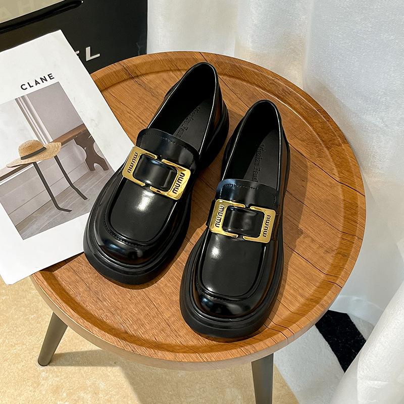 

British Small Leather Shoes Women s Spring New Slip-on Metal Buckle Loafers Thick-soled Thick-heeled Casual Shoes