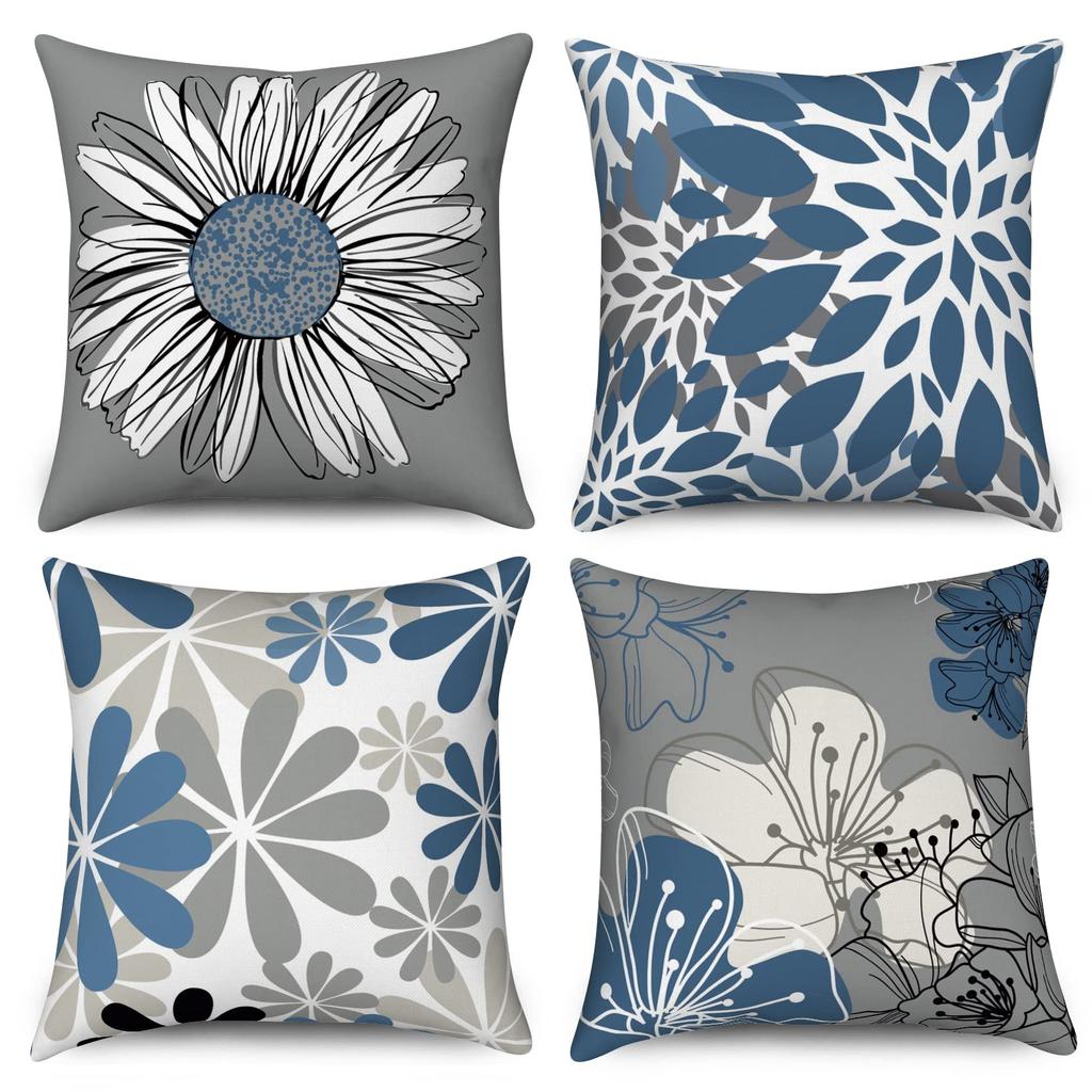 4Pcs Blue Gray Floral Cushion Covers, Modern Daisy & Leaf Print Pillow Cases For Sofa Bedroom Living Room Decor 45X45Cm
