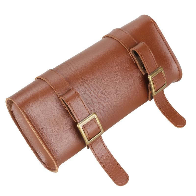 Motorcycle Handlebar Bag Saddlebag, PU Leather Handmade Motorcycle Fork Bag Roll, Durable Storage Tool Pouch with Straps