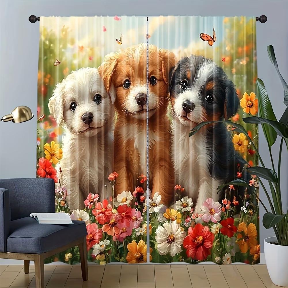 2PCS Digital Printed Curtains, Dog Garden Cute Puppy Floral Pet, Window Treatments for Living Room Bedroom Kitchen Home Decor