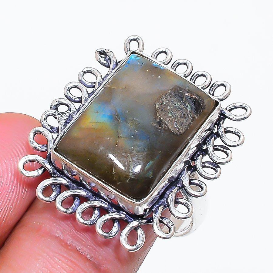 Natural Labradorite Gemstone 925 Sterling Silver Jewelry Ring Size 10 ZS-891