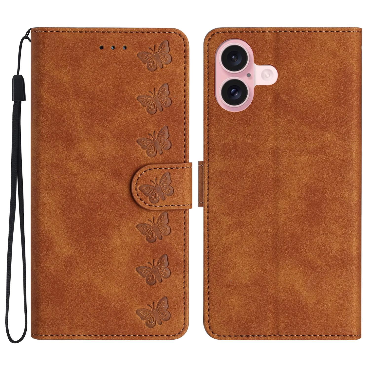 

For iPhone 17 Case Imprinted Butterfly Leather Wallet Phone Cover with Hand Strap Brown