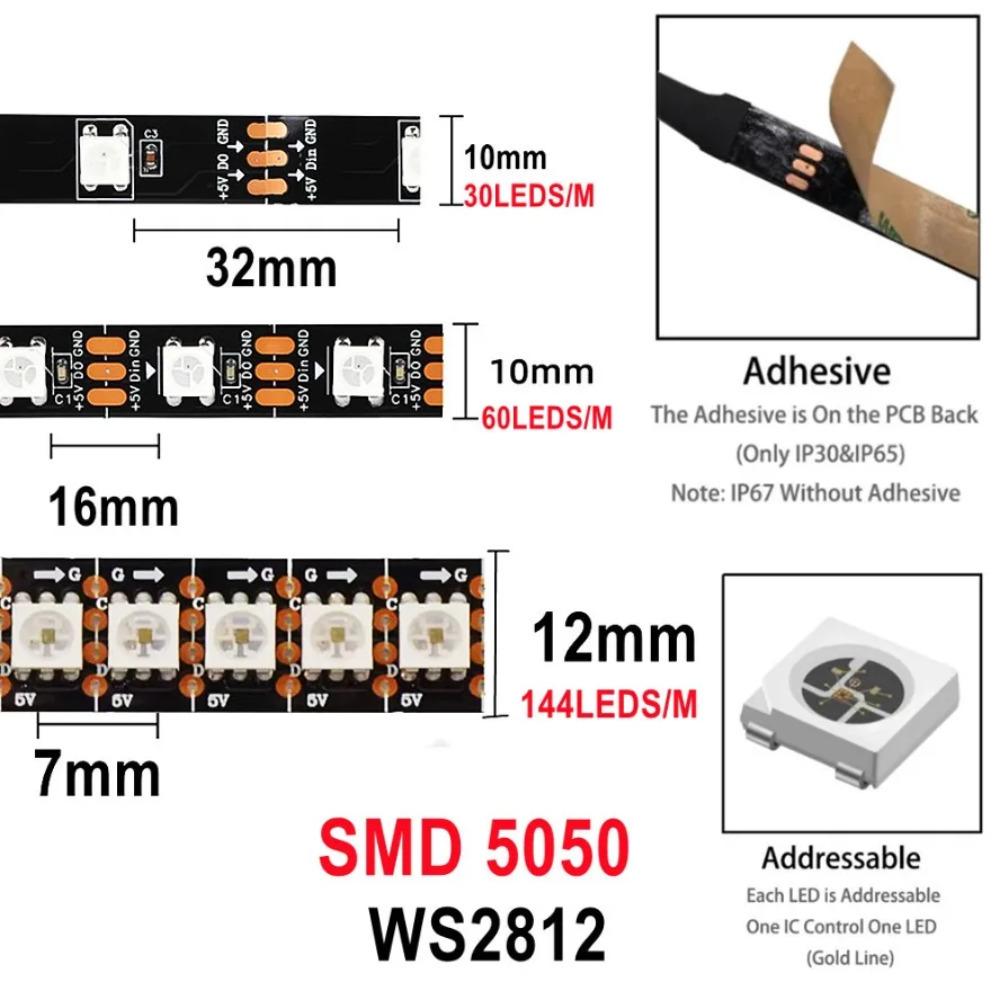 5V WS2812B RGB Colored Light 5050 RGBIC 5V Smart Waterproof LED Strip Individually Addressable IC 30/60/144Pixels/Leds/m Light