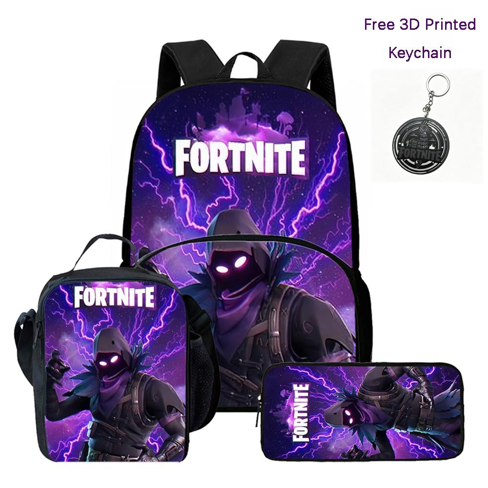 FORTNITE 3Pcs School Kit Lightweight Backpack Front Pocket Lunch Pouch Pencil Bag For Kids Age 6-10,Free 3D Printed Keychain