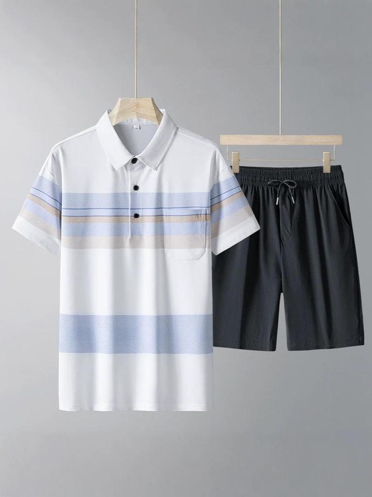 Men's Casual Ice Silk Sports Suit - Short Sleeve Polo Shirt & Shorts for Middle-Aged and Elderly