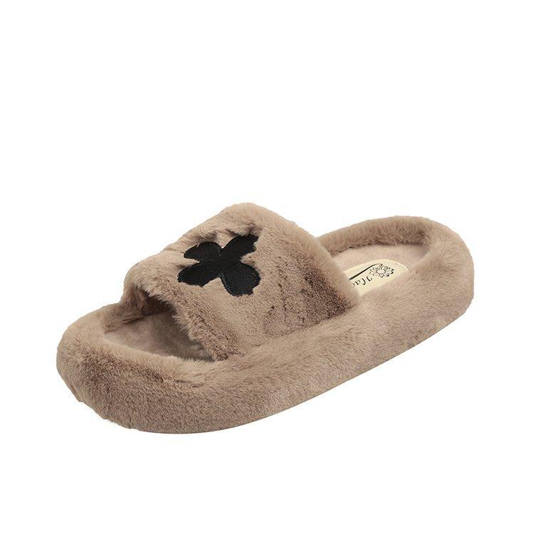 Embroidered Internet Celebrity Fluffy Slippers Women Wear 2024 Autumn and Winter New Thick Bottom Fashion Comfortable Letter Cotton Slippers Tide