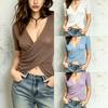Women Deep V Neck Cross Wrap Knitted Crop Top Short Sleeve Solid Color Casual Slim Fit Summer Top