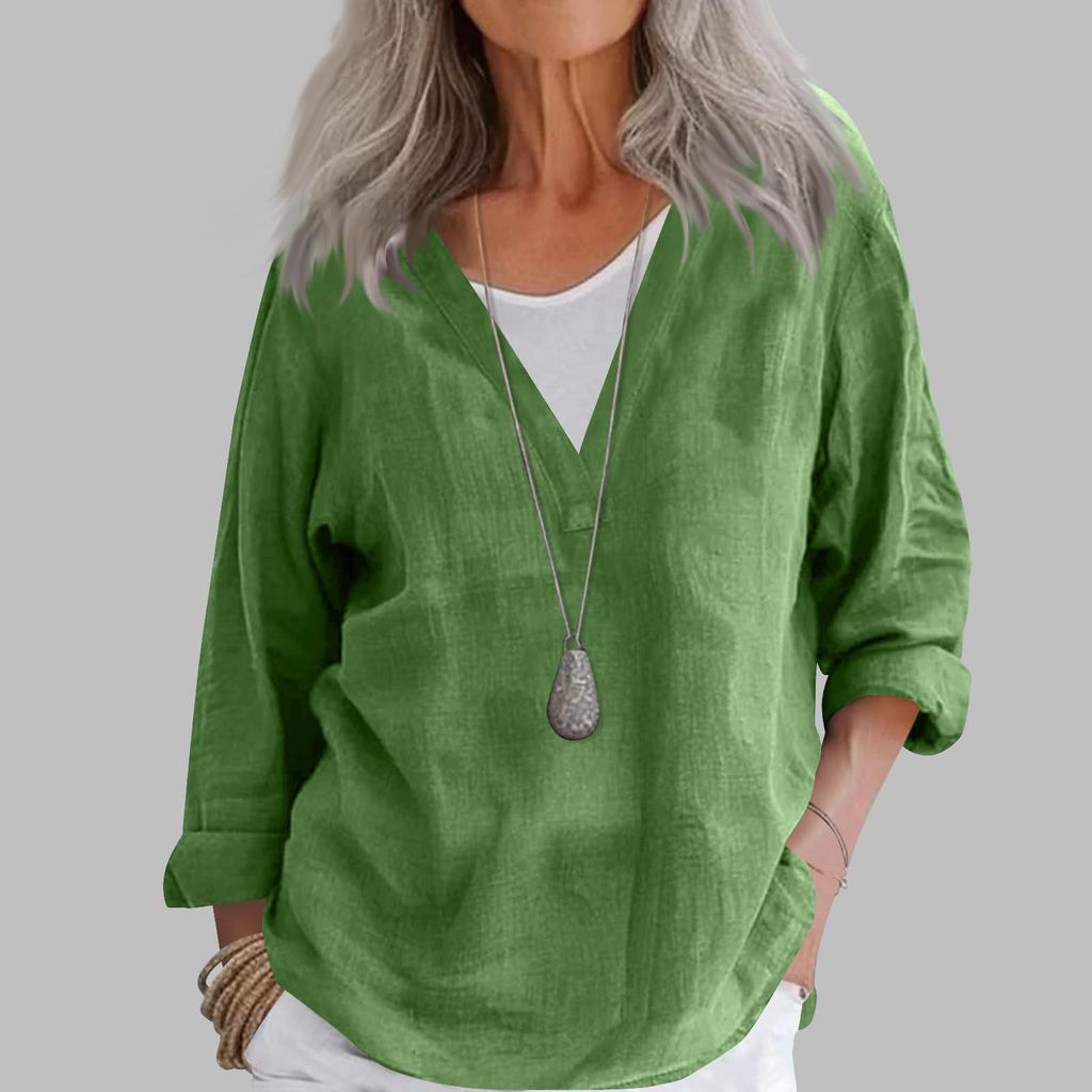 Mote Dame Casual Bomull Lin V-hals Langermet Genser Topp