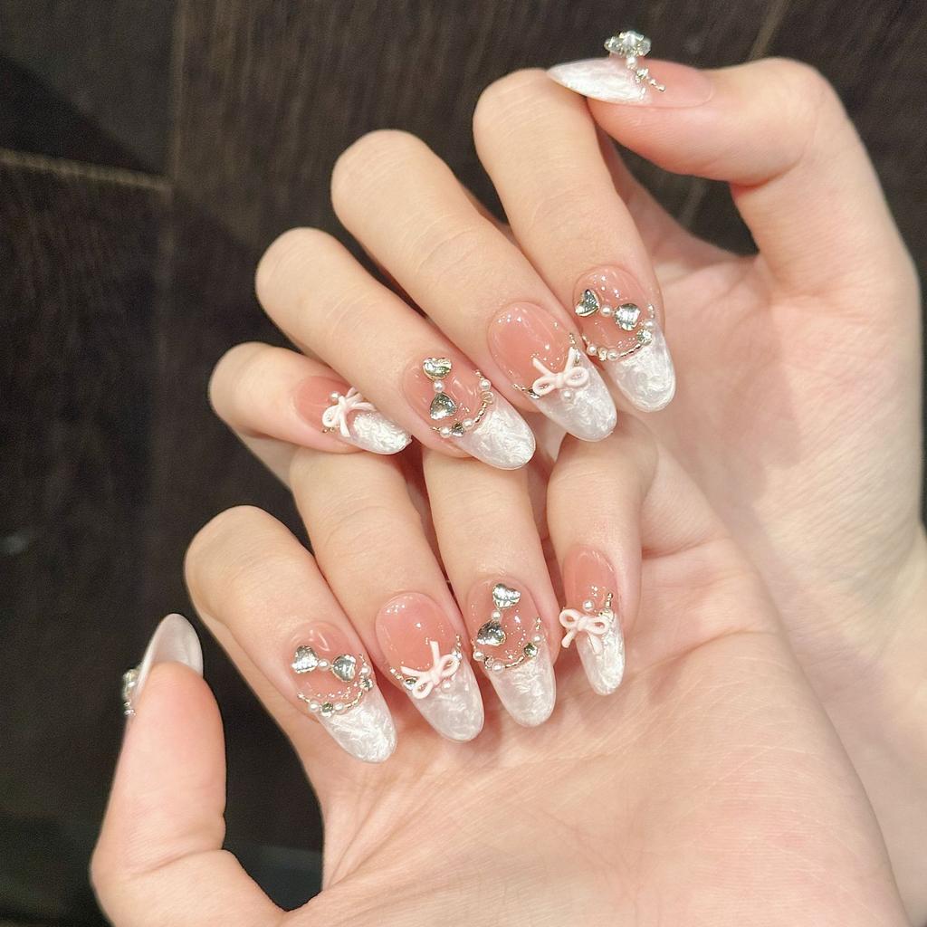 10pcs Handmade Press On Nails French Cat Eye Pink Bow Decor Korean False Nails Wearable Full Cover Ins Almond False Nail Tips