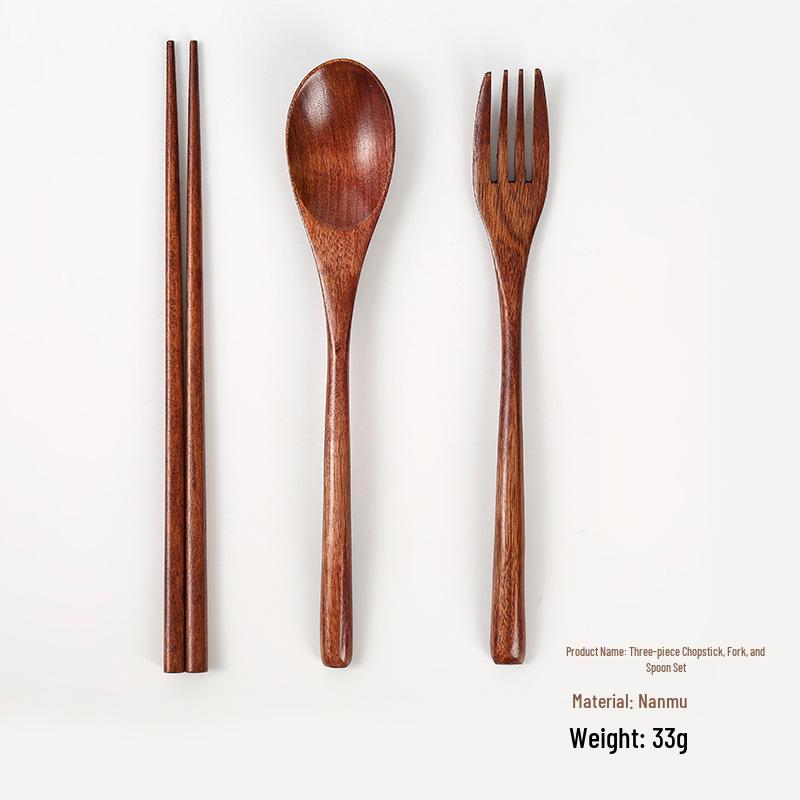 Japanese Wooden Cutlery Set: Spoon, Fork & Chopsticks with Old Lacquer Nanmu and String Tie