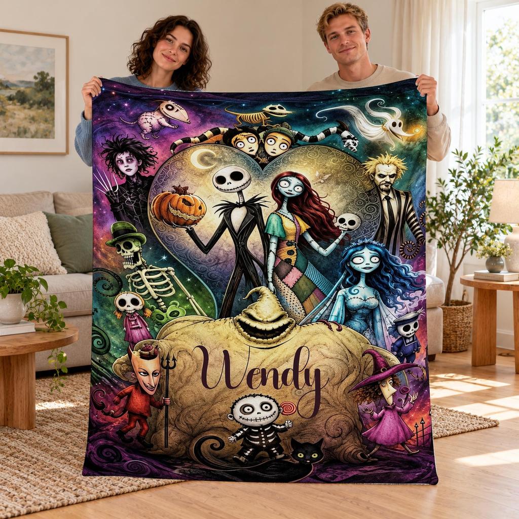 Personalized Halloween Blanket, Custom Name Jack and Sally Flannel Throw, Gothic Character Collage, Spooky Movie Fan Gift, Halloween Decor