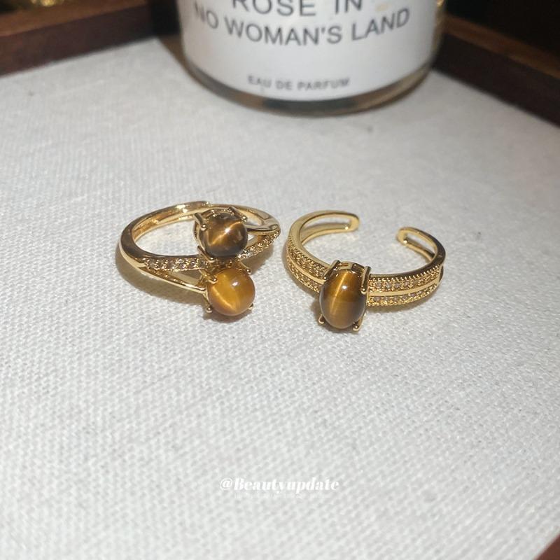 Real gold electroplated zircon tiger's eye open ring niche high-end index finger ring Maillard retro temperament jewelry