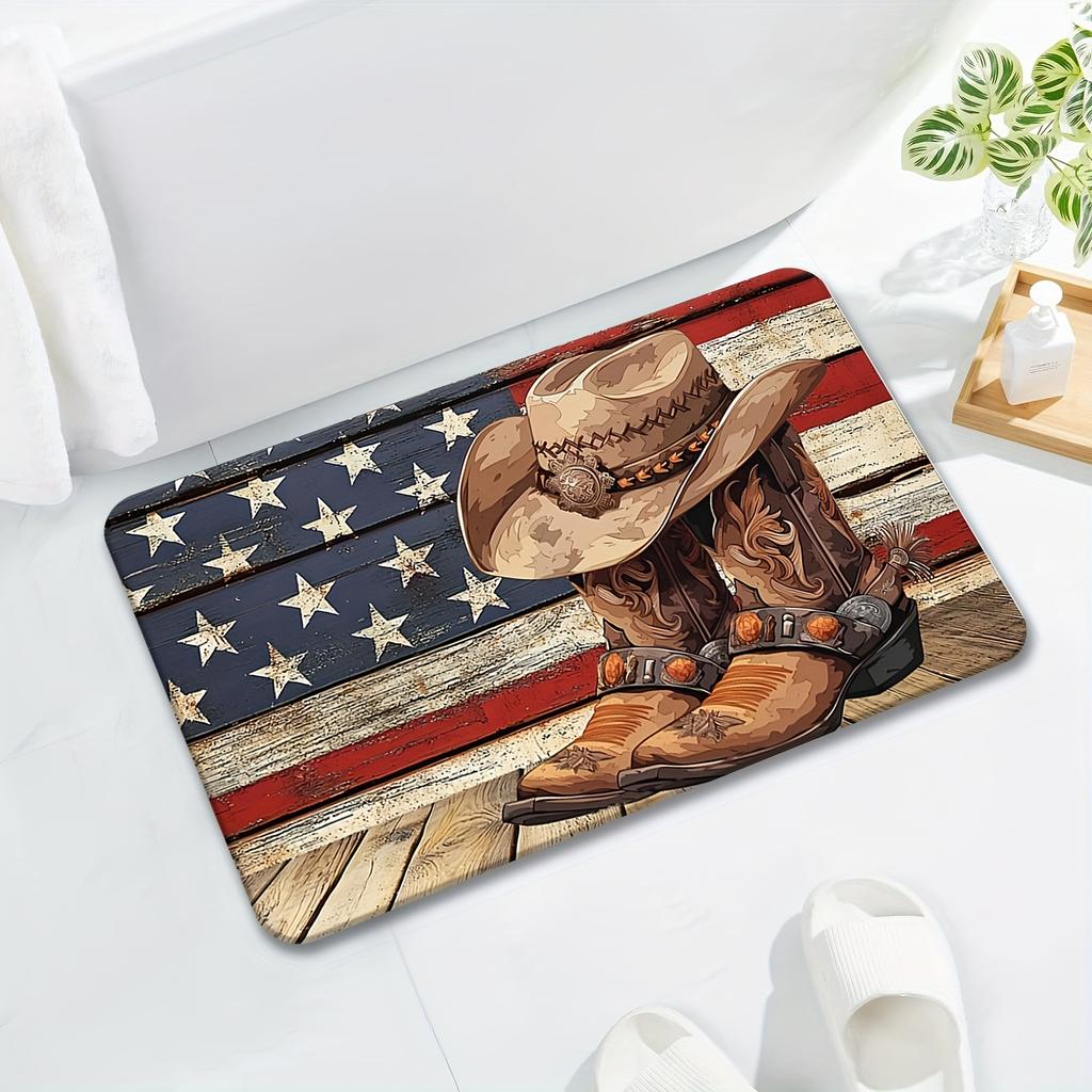 Retro American Flag Cowboy Doormat Ultra-Soft Flannel Rug, Western Boot Hat Design Non-Slip Machine Washable Door Mat