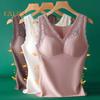 Winter Women Thermal Vest with Chest Pads Seamless Lace Fast Temperature Lock V Neck Slim Fit Elastic Sleeveless Inner Wear Bottoming Tank Top