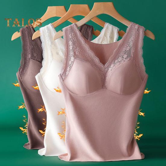 Winter Women Thermal Vest with Chest Pads Seamless Lace Fast Temperature Lock V Neck Slim Fit Elastic Sleeveless Inner Wear Bottoming Tank Top