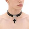Unisex European Punk Black Leather Choker with Metal Chain and Lock Pendant.