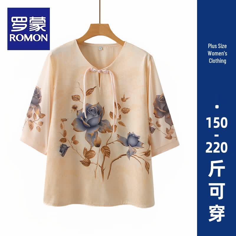 ROMON Women s Plus Size Floral Three-Quarter Sleeve T-Shirt Set 6XL