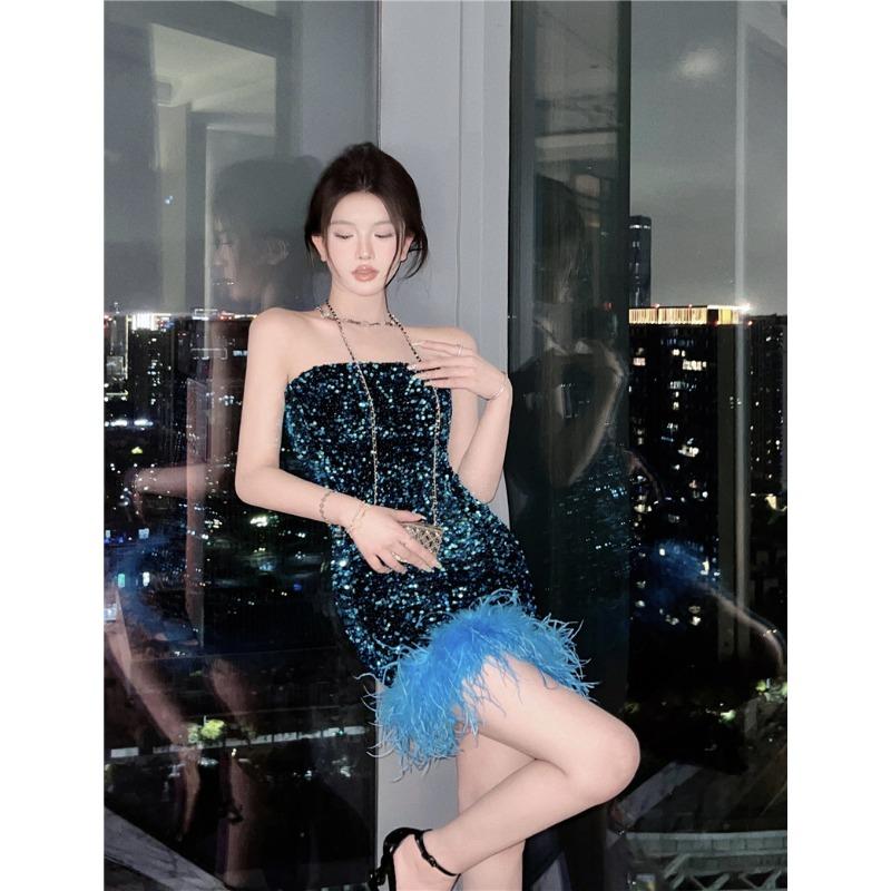 New sexy hottie tube top dress dress socialite heavy industry sequined feathers pure hip wrap dress