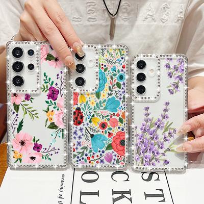 Diamond Frame Clear Shockproof Case For Samsung S25 Ultra S24 FE S23 S22 A16 A56 A36 A15 A55 A35 Colorful Floral Print Soft Silicone Phone Cover