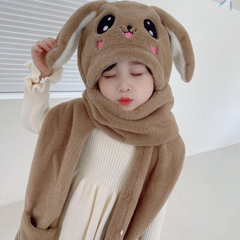 Warm Knitted Rabbit Ear Hat With Scarf Kids Women Winter Outdoor Wear Soft Fleece Lined Adjustable Hooded Beanie