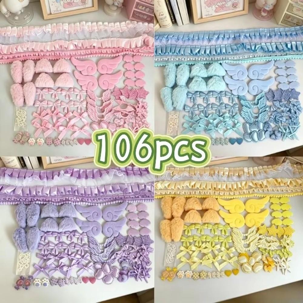 106pcs/set Lace Ribbon Ita Bag Decor Kit Wing Charms Bow Heart Ornaments Bag Decoration Kit Colorful Ears Handmade Craft Set