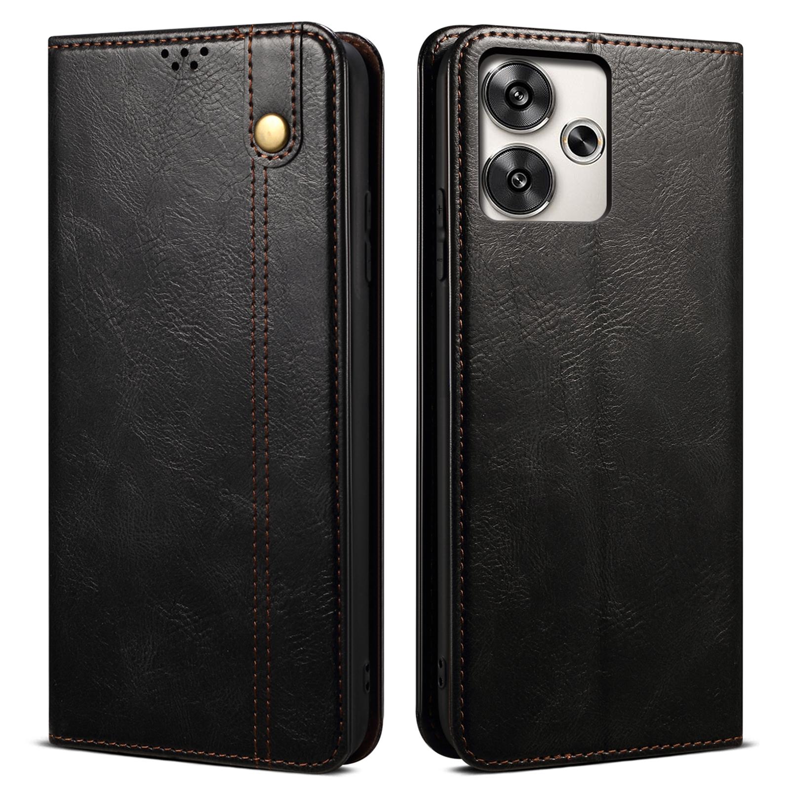 

Чехол для Xiaomi Redmi 13 5G/13 4G/Note 13R 5G/Poco M6 4G из ПУ кожи с текстурой Crazy Horse, с подставкой, чехол для телефона Black