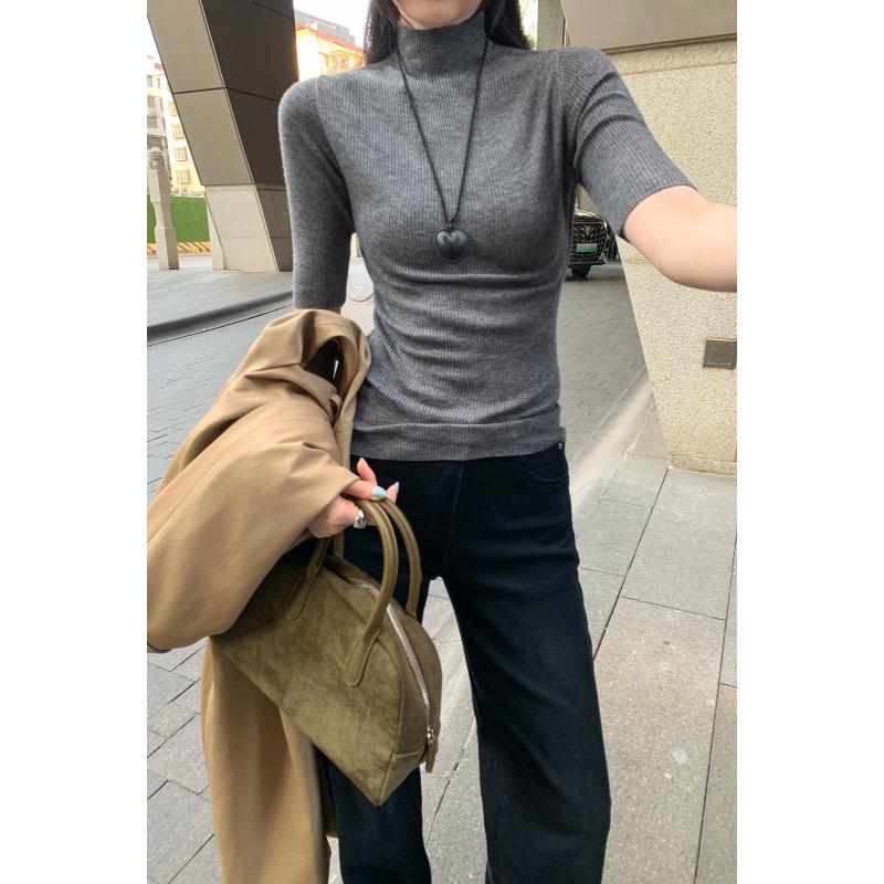 Korean Chic Elegant Half-High Neck Slim Fit Mid-Sleeve Knit Top for Women - 2026 New Arrival
