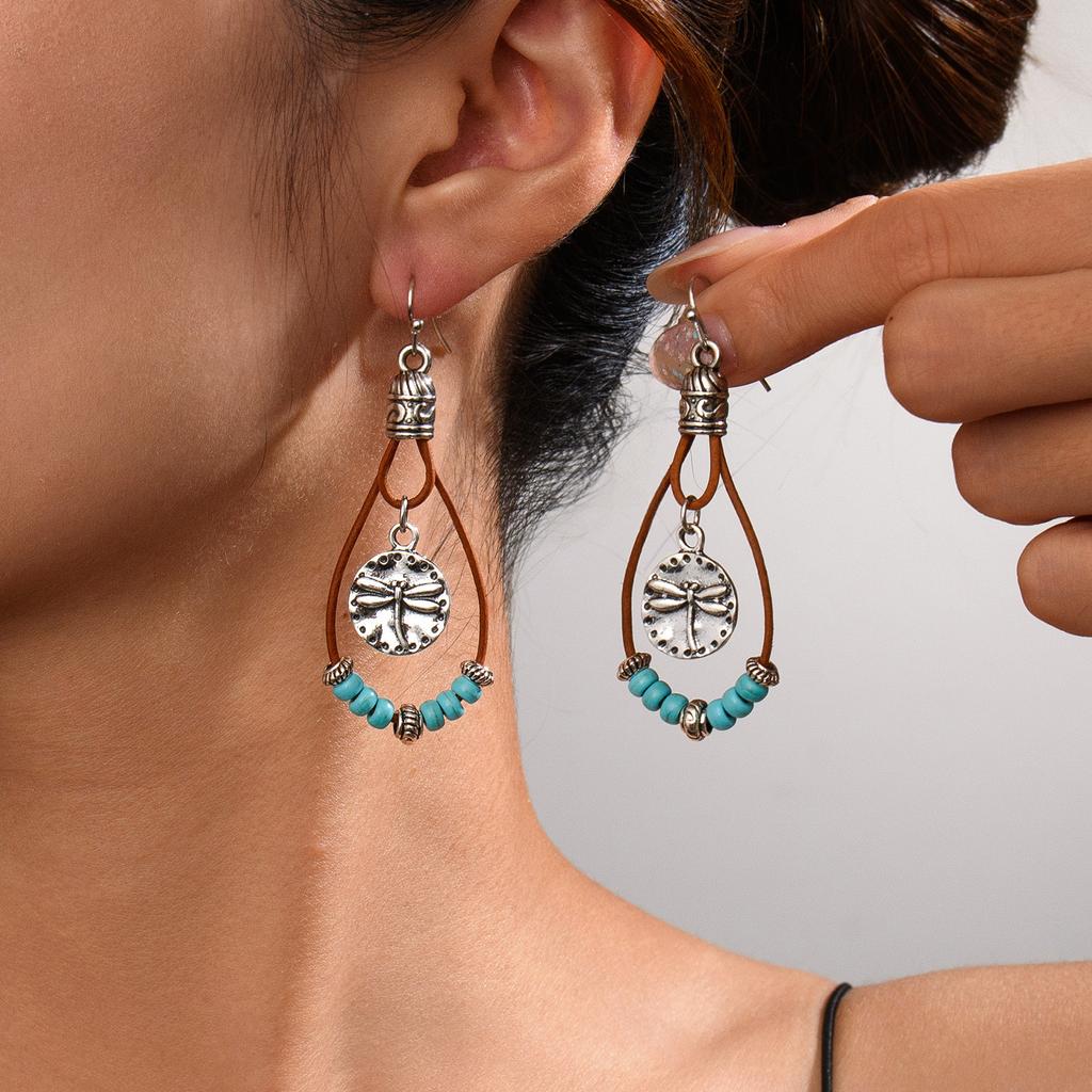 1 Pair Bohemian Style Alloy Plum Blossom Pendant With Turquoise Beads, Double Layer Dangle Earrings, Vintage Fashionable Jewelry Gift For Women