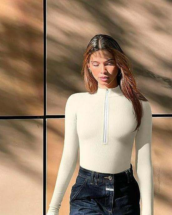 2023 Sexy žebrovaný body s dlouhým rukávem a zipem