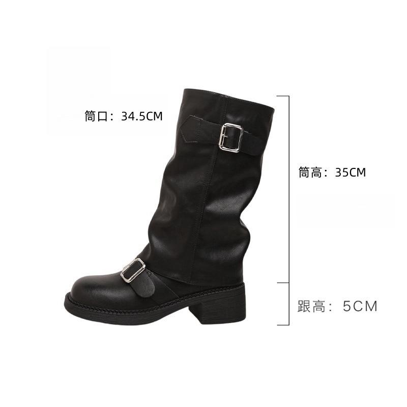 

Женские ковбойские сапоги в западном стиле, новые осенне-зимние плиссированные сапоги-чулки, толстый каблук, пряжка-ремень, ретро, средняя голень, сапоги-трубы, сапоги-рыцари 35