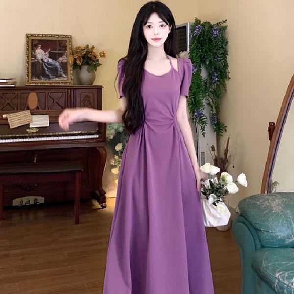 

Elegant French Summer Plus Size Slimming Dress - Two-Piece Design with Waist-Cinched Long Skirt L (100-120 jin) фиолетовый