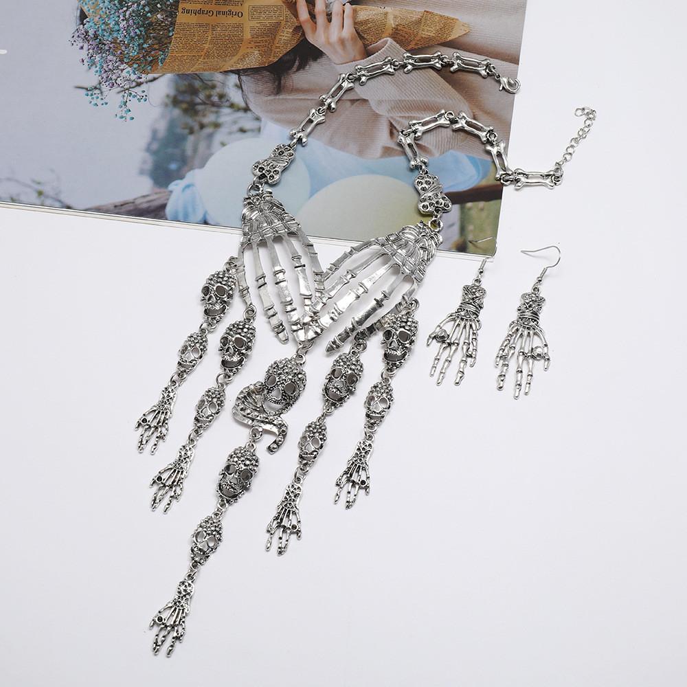 

Bone Fashion Hand Women Necklace And Earring Set With Skeleton Design Fringe SetSilver
