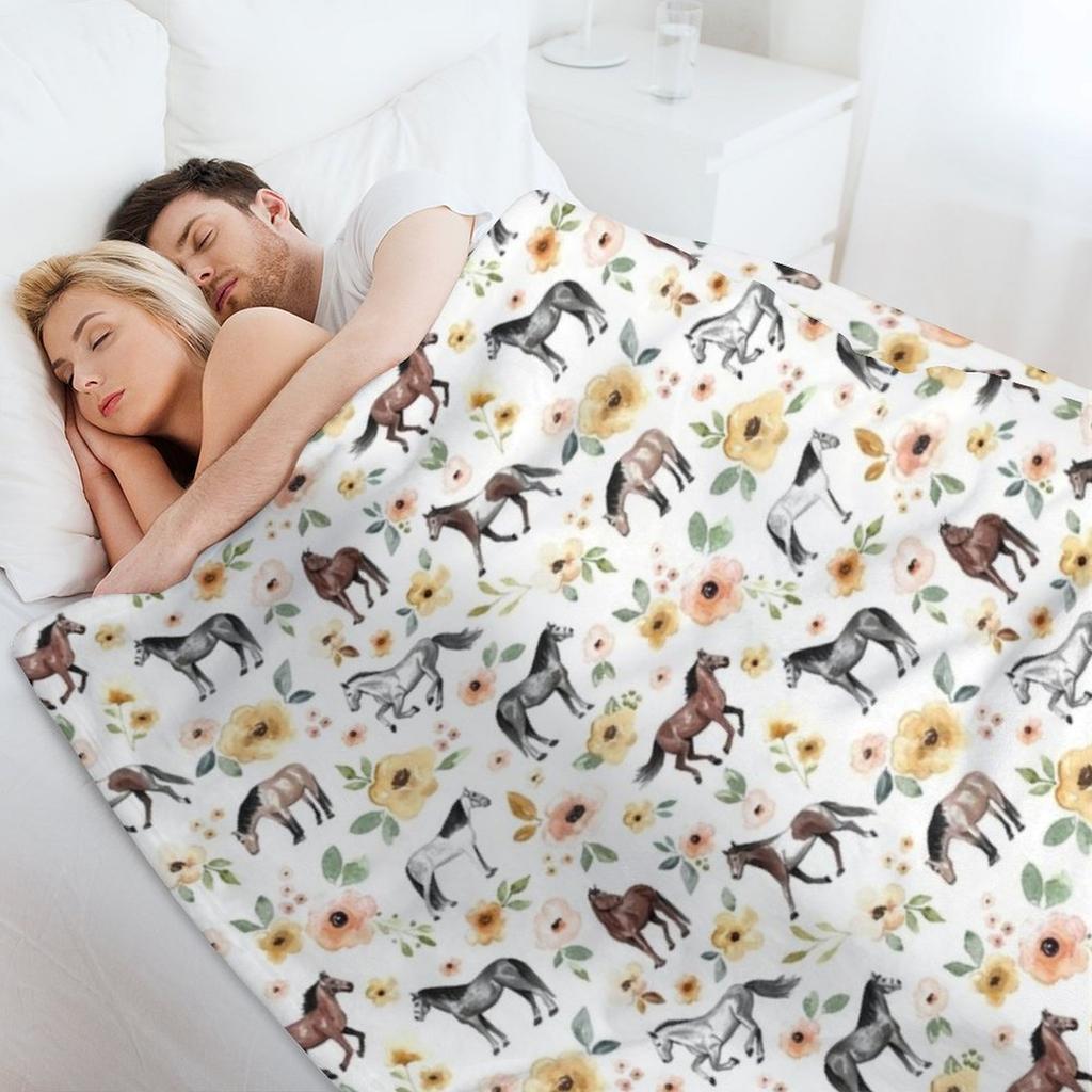 Horses with Yellow and Pink Flowers, Horse Decor, Watercolor Floral Throw Blanket Nap Bed Fashionable Furry Hairys Blankets