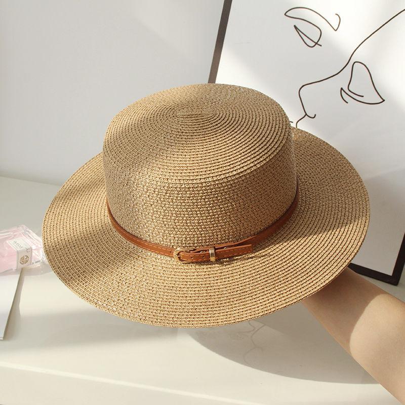 Flat Top Straw Hat Women's Summer Simple British Sun Hat Versatile Fashion Trendy Eaves Casual Top Hat