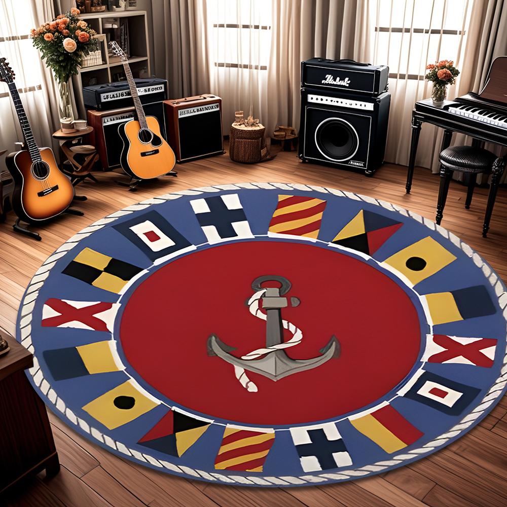 Nautical Anchor Round Rug Rope Border Coastal Modern Home Decor Circle Carpet Soft Non-Slip Floor Mat for Living Room Bedroom