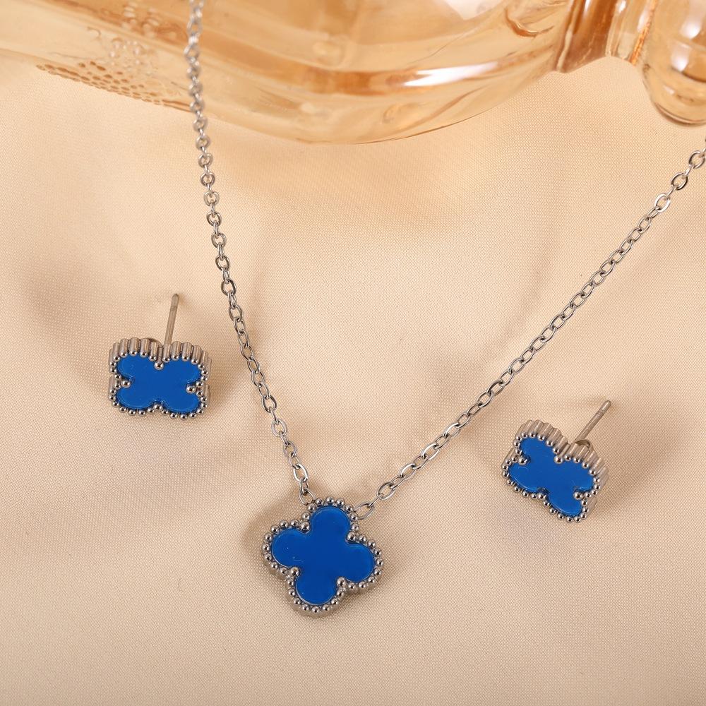 

Комплект из 2 предметов «Кловер» из нержавеющей стали, модное ожерелье, украшения для ушей и ногтей, комплект из двух предметов necklace+earrings синий