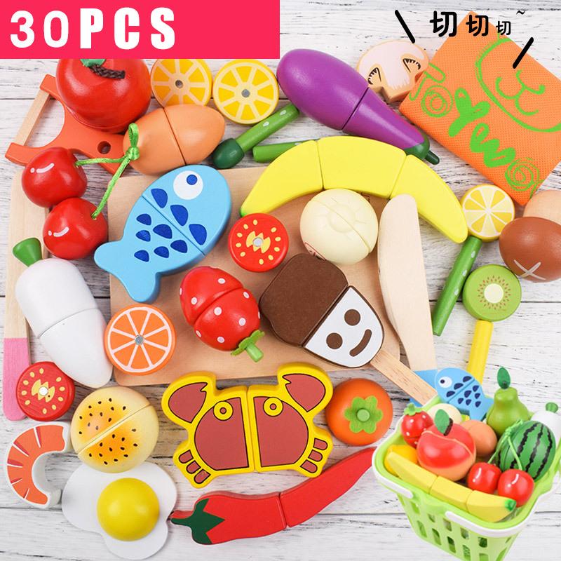 Pretend To Play Kitchen Children Toy Gift Pretend Play Wooden Cutting Cooking Food Toy Set Magnetic Wood Cut Vegetable Fruit Toy