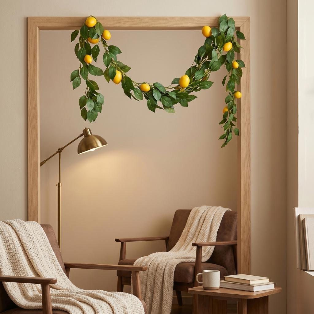 Artificial Lemon Garland with Realistic Leaves and for Indoor and Outdoor Decorative Arrangements and Displays