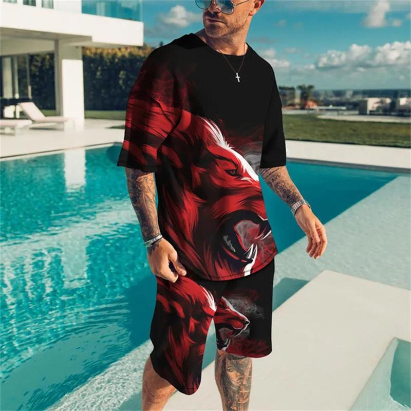 Men Cool Lion Tiger T-shirt Set 3D Animal  Print Casual Style T-shirt Shorts Set Summer New Fashion Street Clothing High-quality
