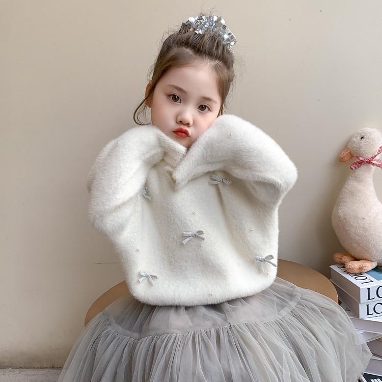 Meng Tang Tang 2025 Winter Girls' Mink Velvet Knit Sweater - Korean Style New Year Outfit