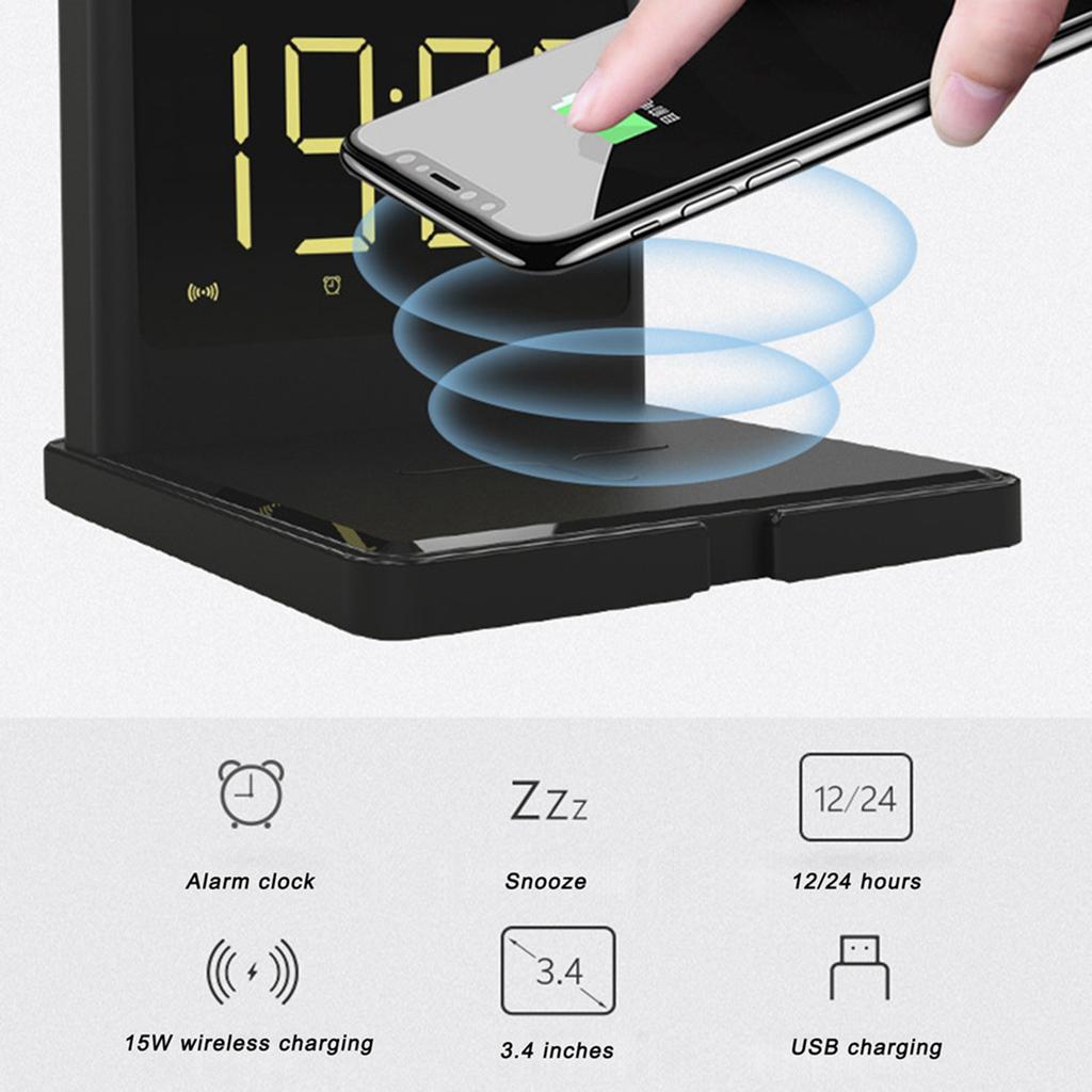 Phone Digital Clock   3 in 1 Type C Wireless Charging Alarm Clock with Snooze Button for Tablet   Fan