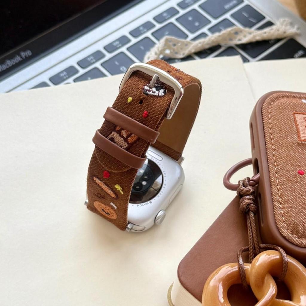 Cartoon Embroidered Denim Leather Watch Strap for Apple Watch Series 11/10/98 Ultra SE