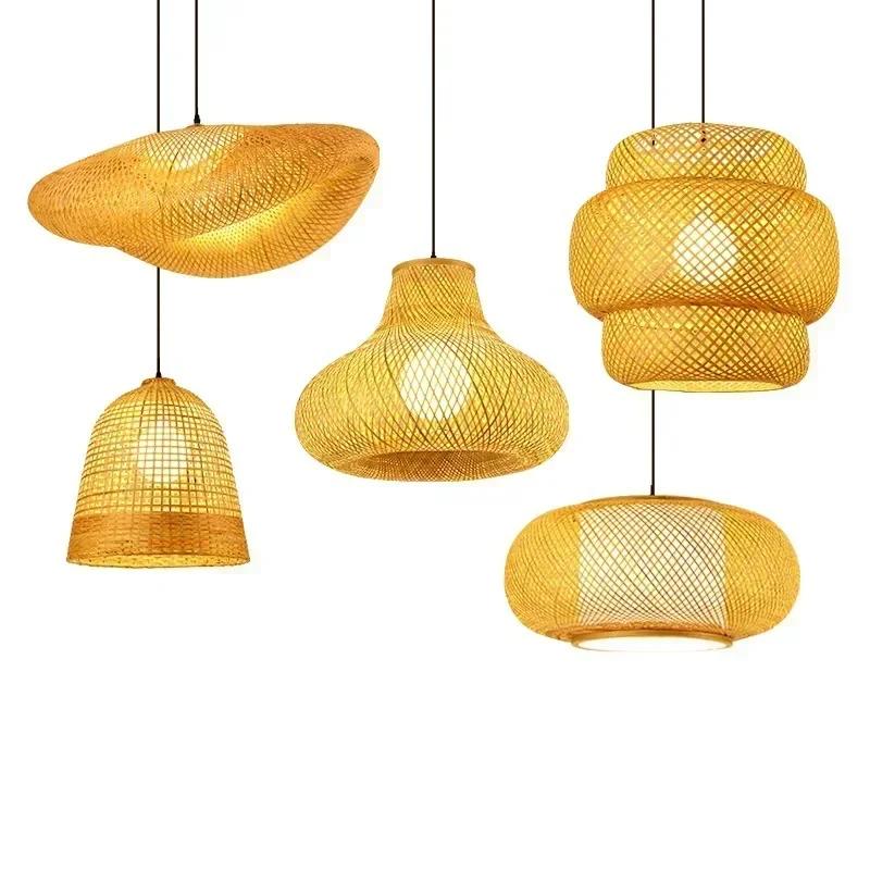 Nordic Rattan Pendant Light Bamboo Lamp Kitchen Suspension Home Bamboo Hanging Lampshade Dining Living Room Indoor Fixtures